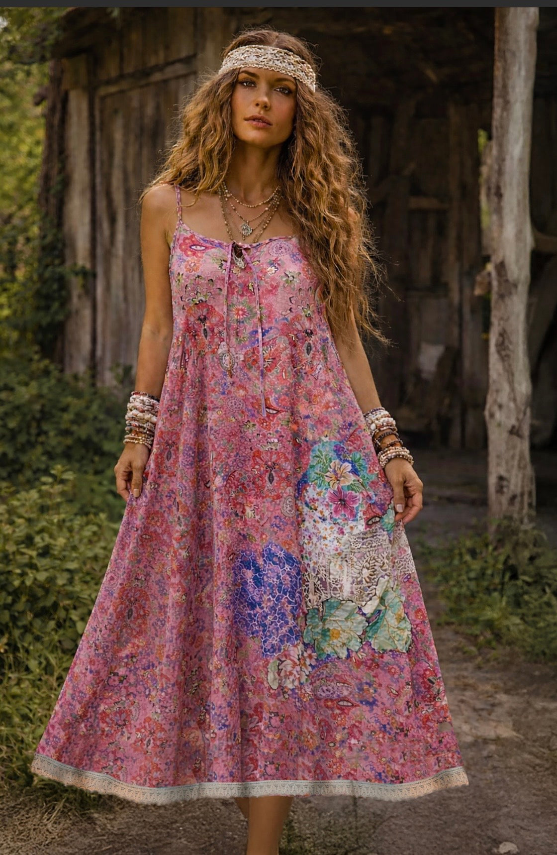 Embroidered summer maxi dress pink