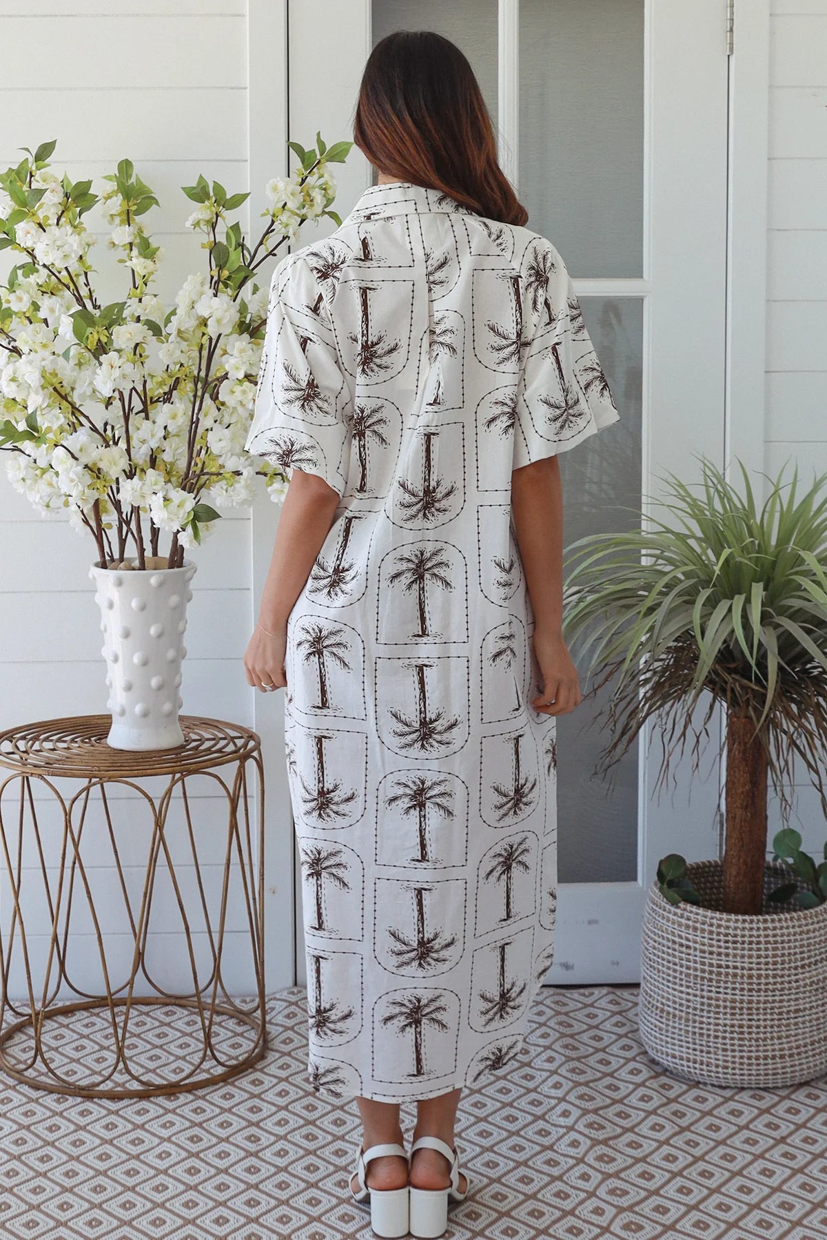 Palm print cotton shirt dress