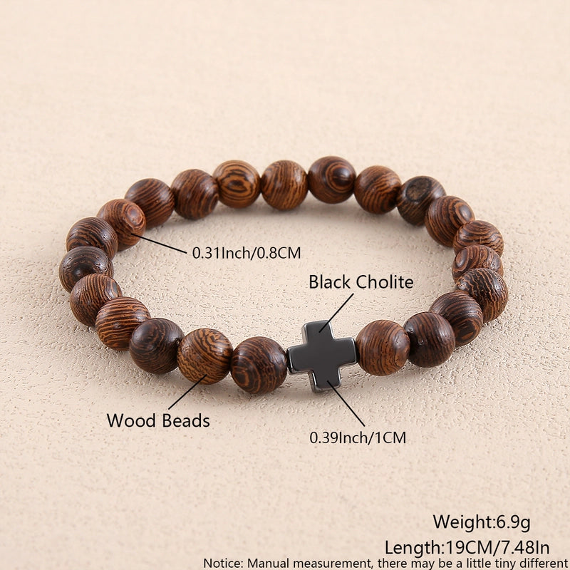 Forge man Casual Commute Cross Natural Stone Bracelets Wood grain beads