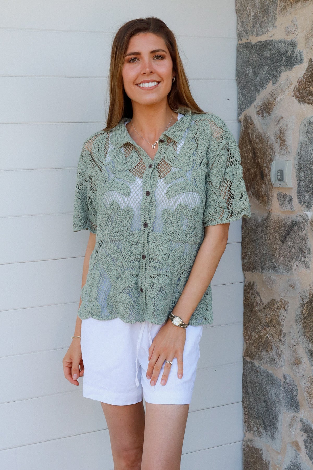 Sage green crotchet shirt one size