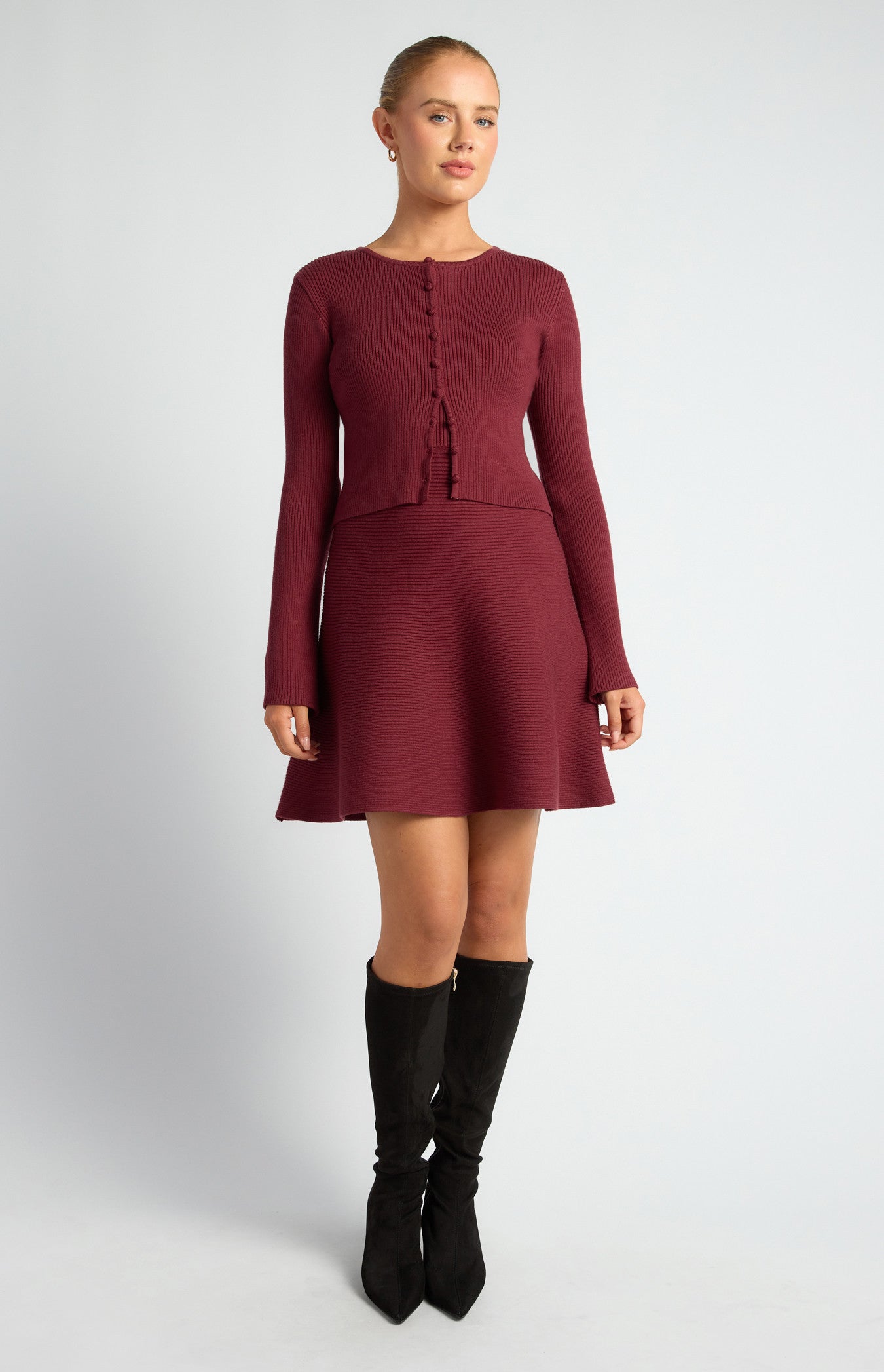 Knit mini dress with Cardy Merlot