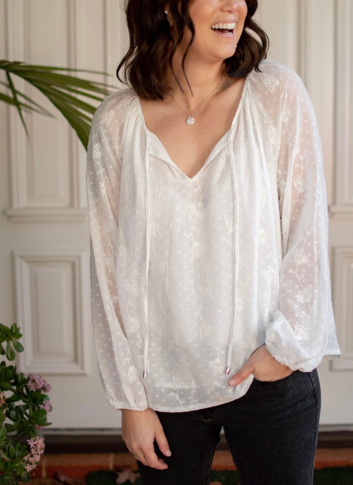 Embroidered chiffon Blouse - Flying Saucers NZ