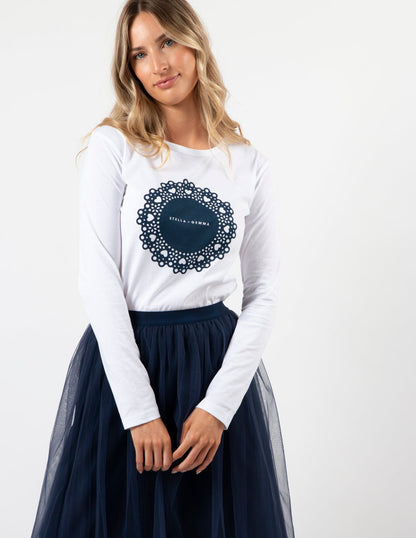 Stella+Gemma LS TEE - WHITE WITH NAVY DOILY