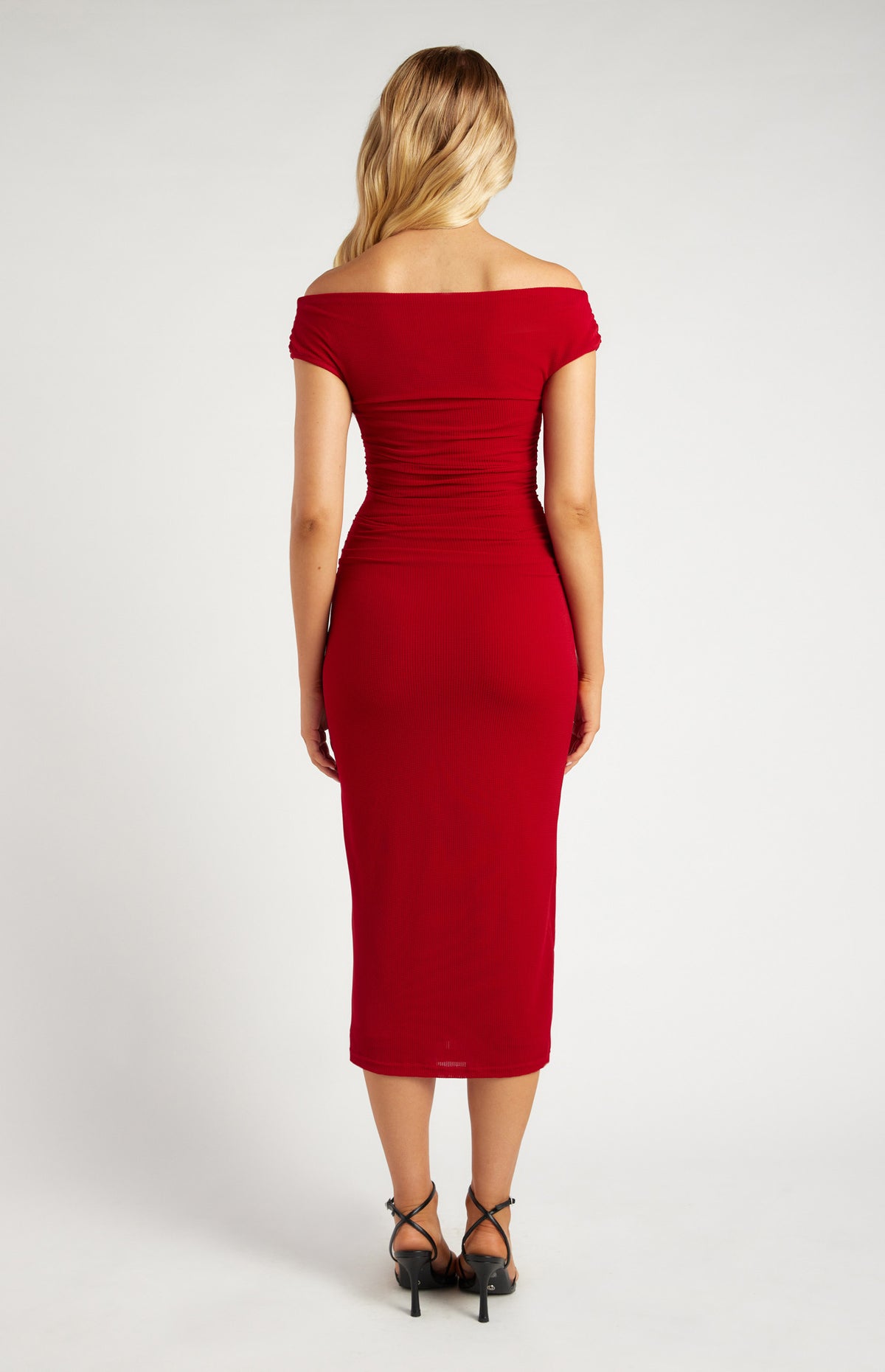 Off Shoulder textured mesh midi dress red