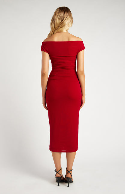 Off Shoulder textured mesh midi dress red