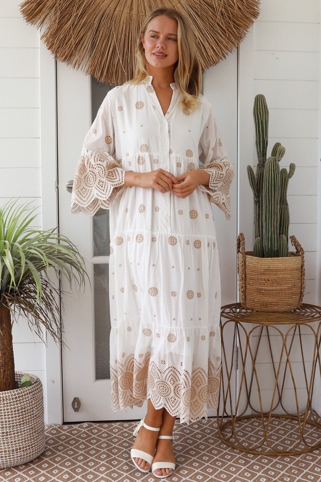 White and sand embrace cotton maxi dress
