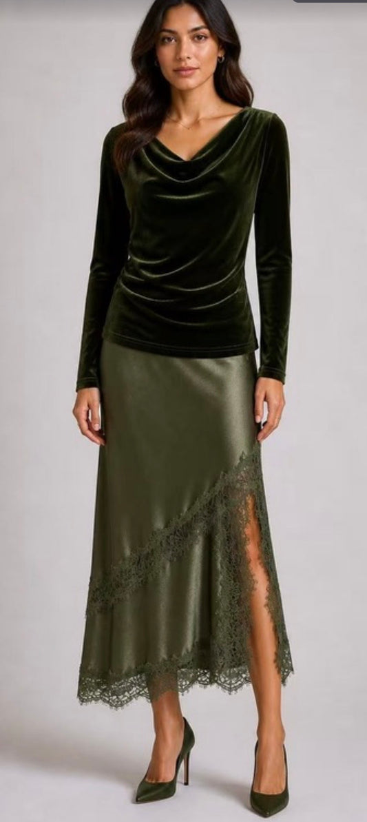 Green satin lace skirt