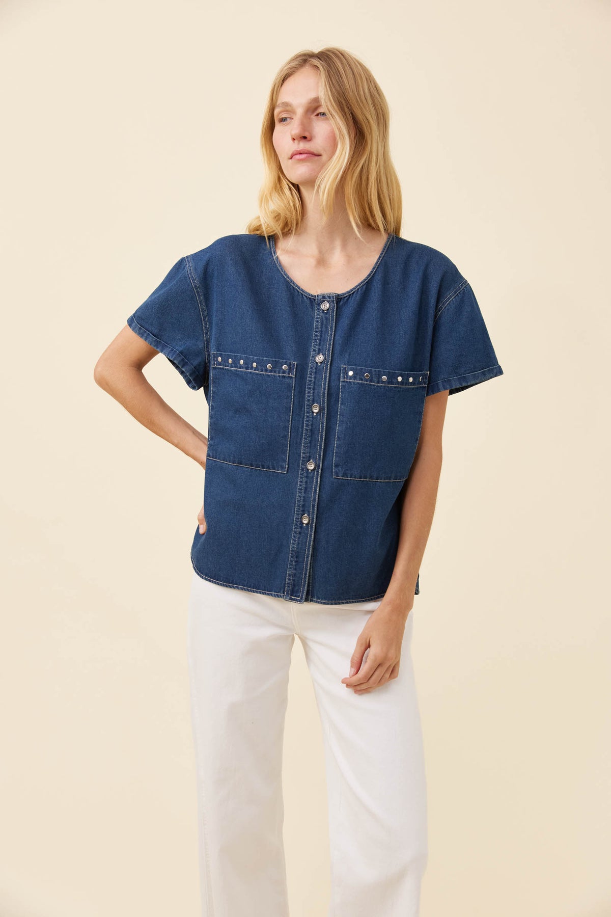 Isleof Mine Preston buttoned top Deep Blue