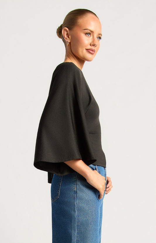 Batwing sleeve top with tie black