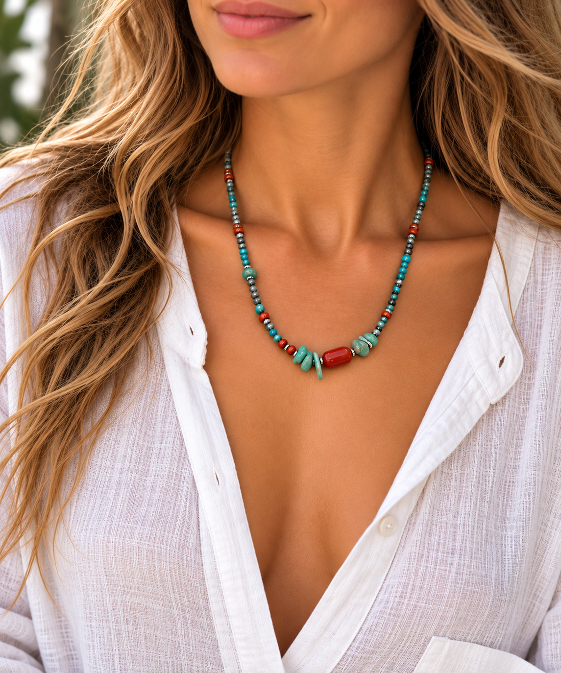 Flying Saucers Turquoise + Coral-natural stone necklace
