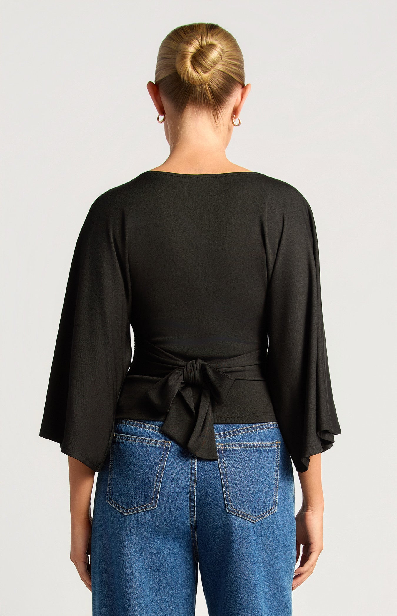 Batwing sleeve top with tie black