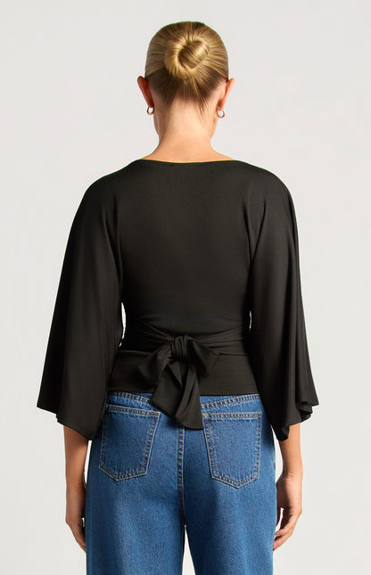 Batwing sleeve top with tie black