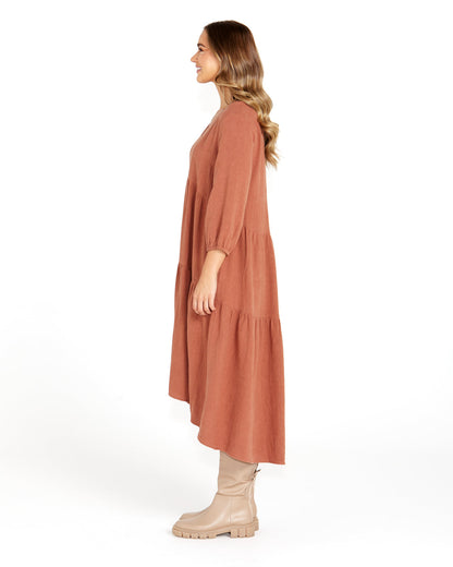 Sass Birdie Tiered midi Dress Rosewood