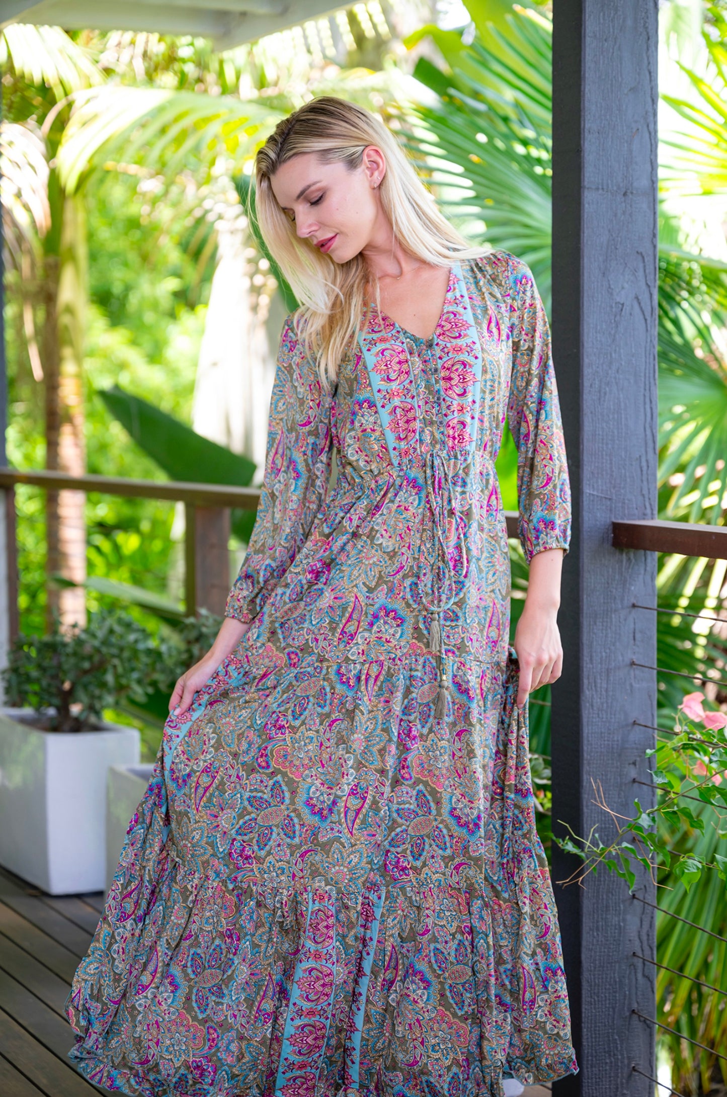 Boho Olive front button dress