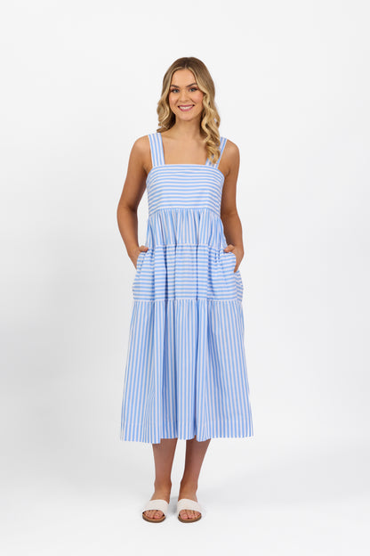 Vassalli blue stripe sleeveless tiered dress with wide straps