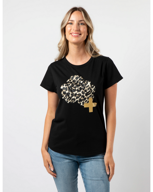 Stella +Gemma tee shirt black with leopard rose