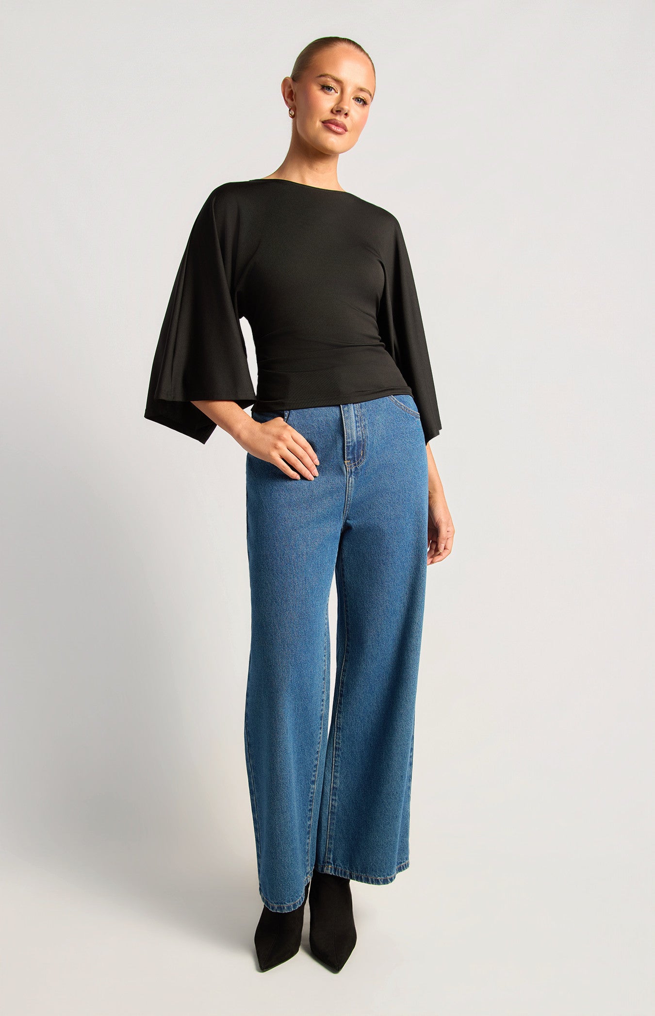 Batwing sleeve top with tie black