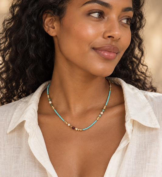 Flying Saucers Color: Titanium Steel Turquoise Natural Stone Chain