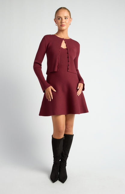 Knit mini dress with Cardy Merlot