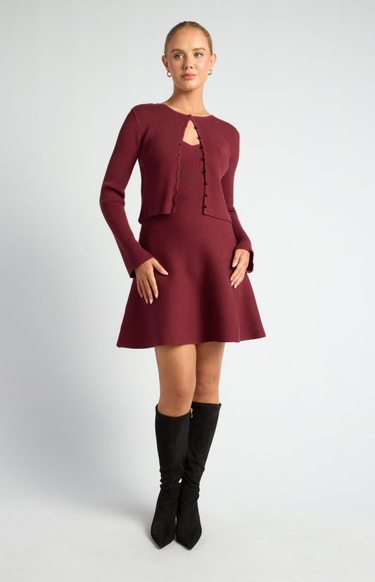 Knit mini dress with Cardy Merlot