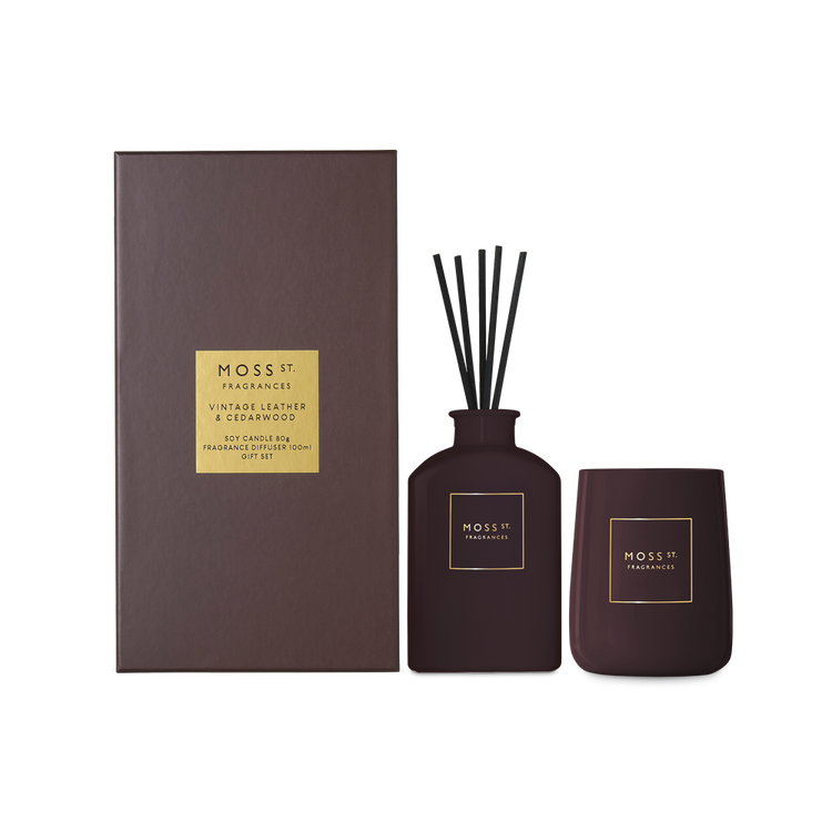 Moss street gift set  mini candle and diffuser  Vintage leather