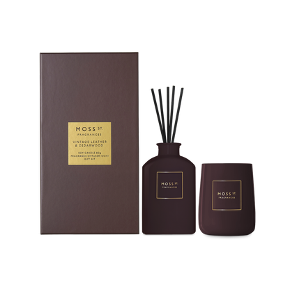 Moss street gift set  mini candle and diffuser  Vintage leather