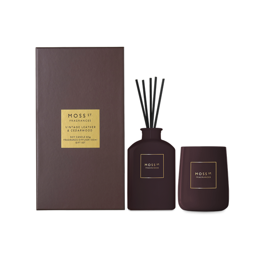 Moss street gift set  mini candle and diffuser  Vintage leather