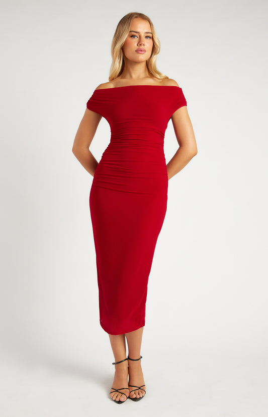 Off Shoulder textured mesh midi dress red