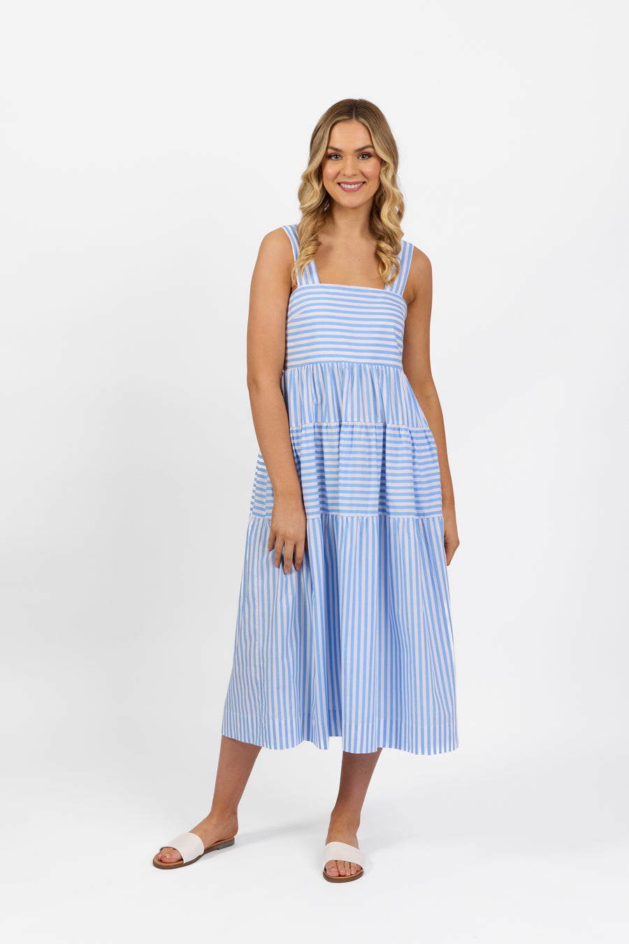 Vassalli blue stripe sleeveless tiered dress with wide straps