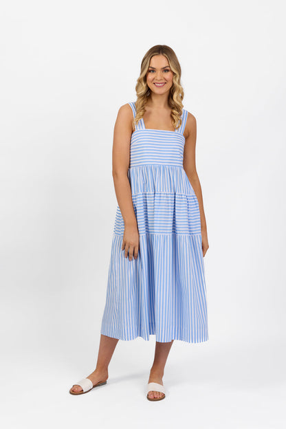 Vassalli blue stripe sleeveless tiered dress with wide straps