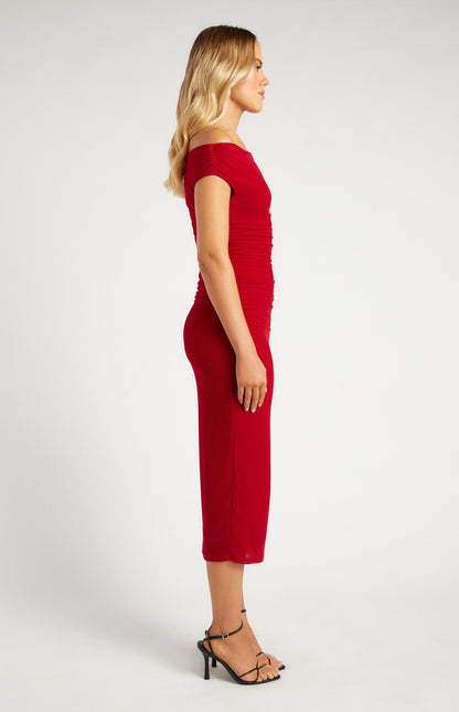 Off Shoulder textured mesh midi dress red