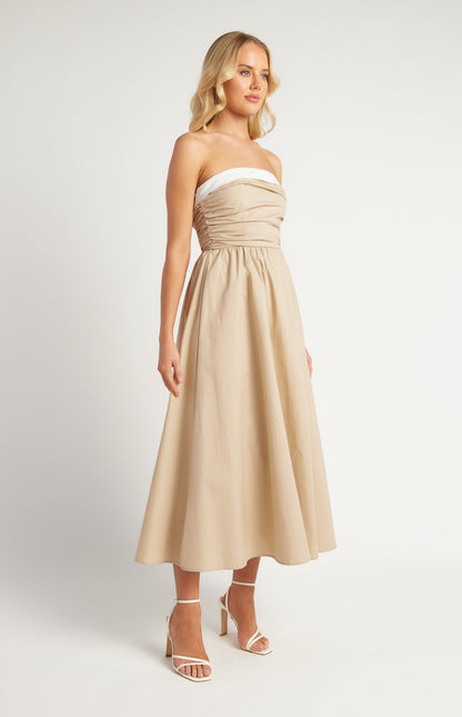 Cotton Contrast Neckline Ruched Bodice Midi dress