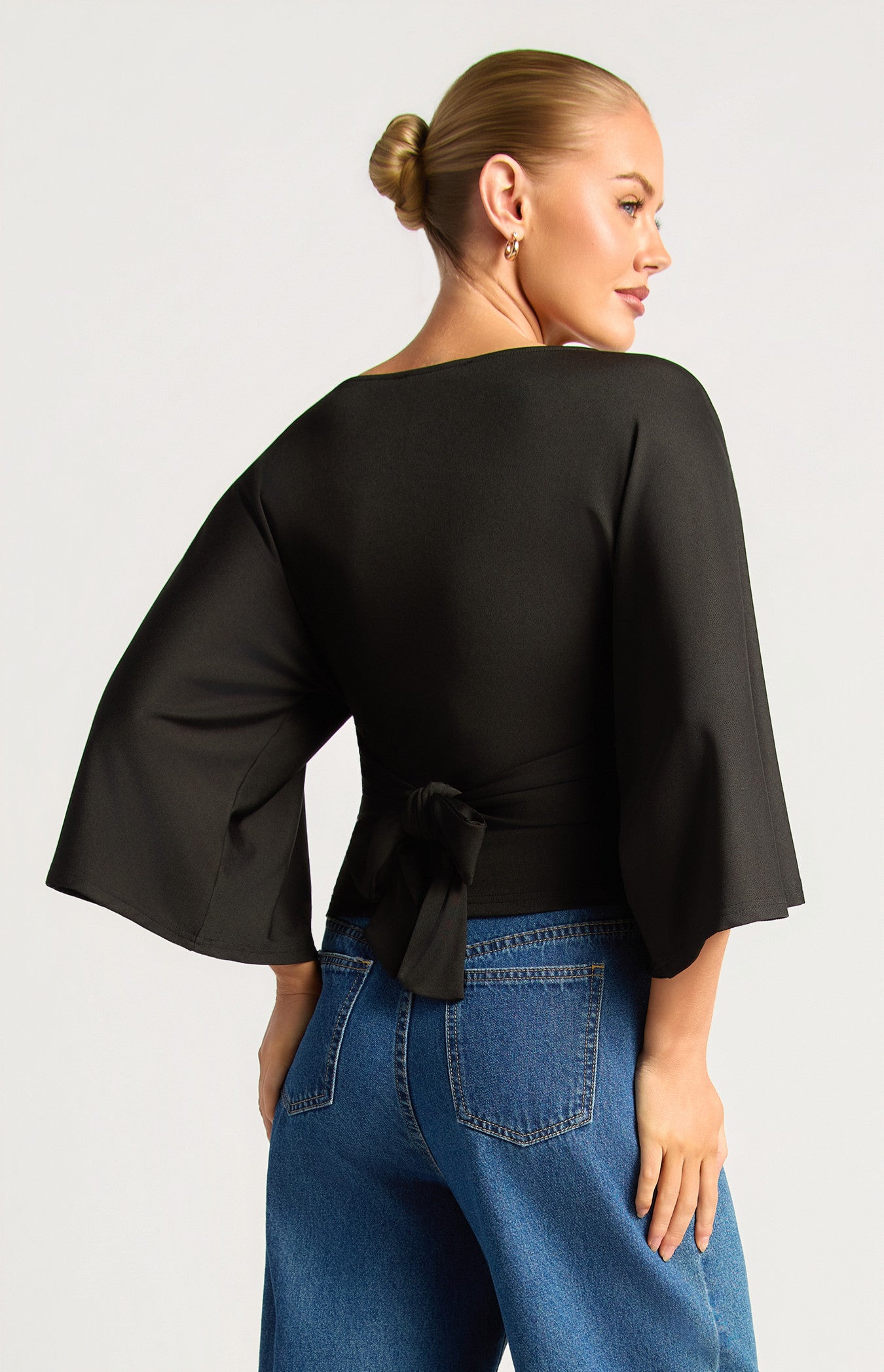 Batwing sleeve top with tie black