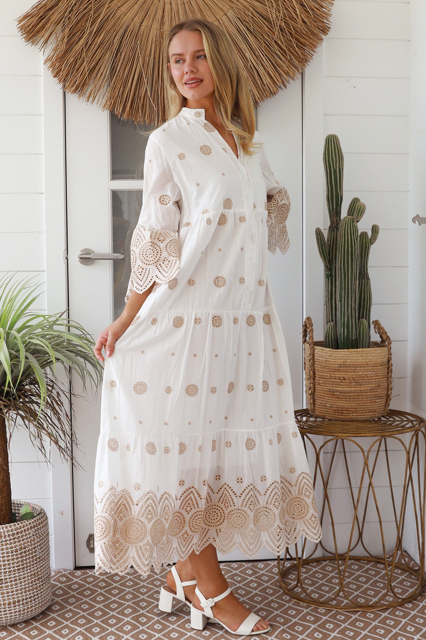 White and sand embrace cotton maxi dress