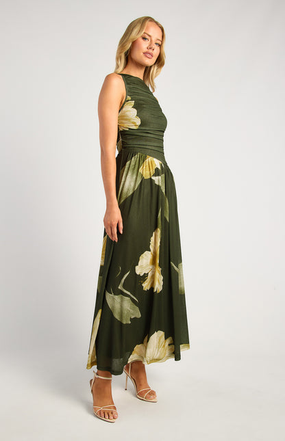 Ruched floral print Jesey dress