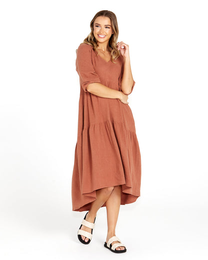 Sass Birdie Tiered midi Dress Rosewood