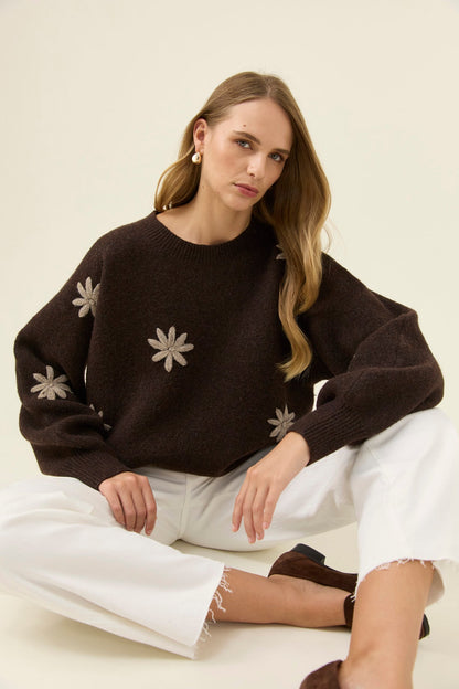 Isle of mine Miru stitched flower jumper Chocolate