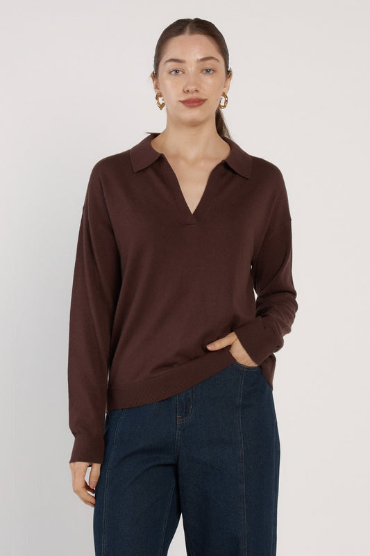 Fate +Becker Soleni polo  knit chocolate brown