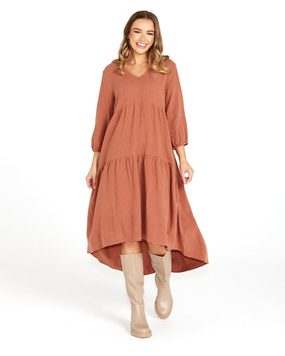 Sass Birdie Tiered midi Dress Rosewood