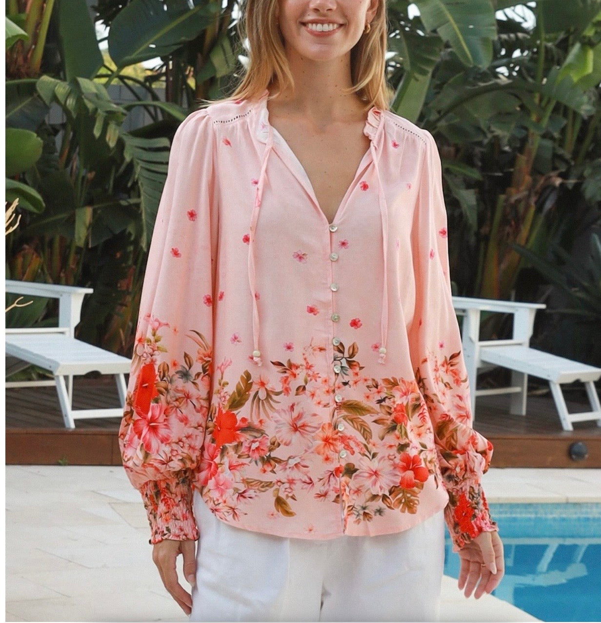 Pink floral blouse