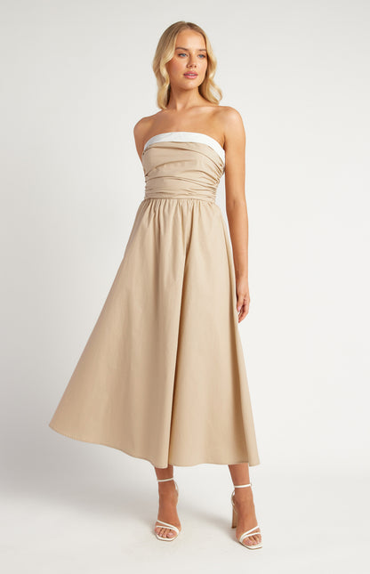 Cotton Contrast Neckline Ruched Bodice Midi dress
