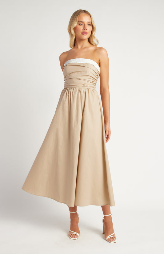 Cotton Contrast Neckline Ruched Bodice Midi dress