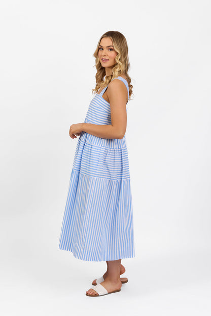 Vassalli blue stripe sleeveless tiered dress with wide straps