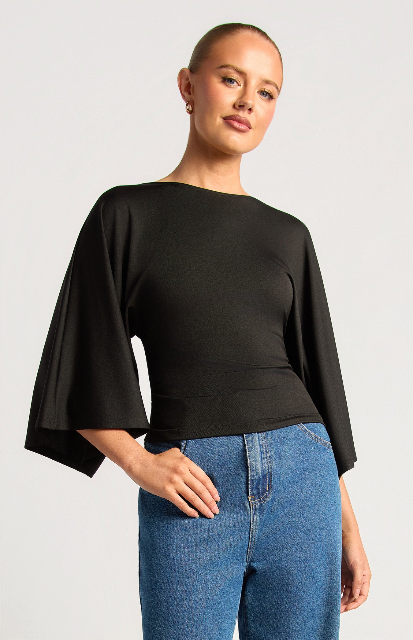 Batwing sleeve top with tie black