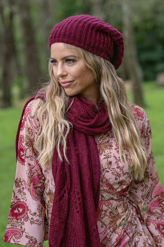 Boho rib beanie one size wine