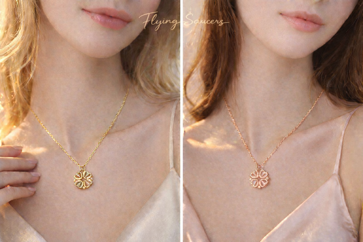Flying Saucers clover necklace gold +Rose gold