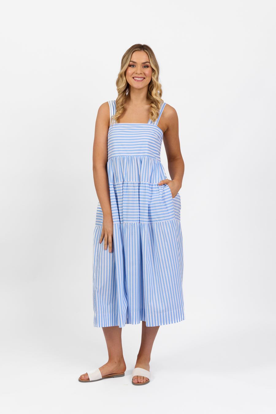 Vassalli blue stripe sleeveless tiered dress with wide straps