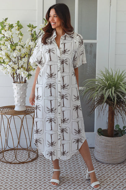 Palm print cotton shirt dress
