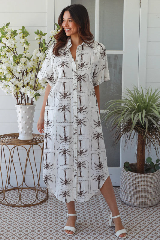 Palm print cotton shirt dress