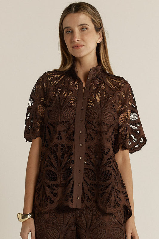 Fate & Becker Elara Broderie Blouse - Chocolate pre order